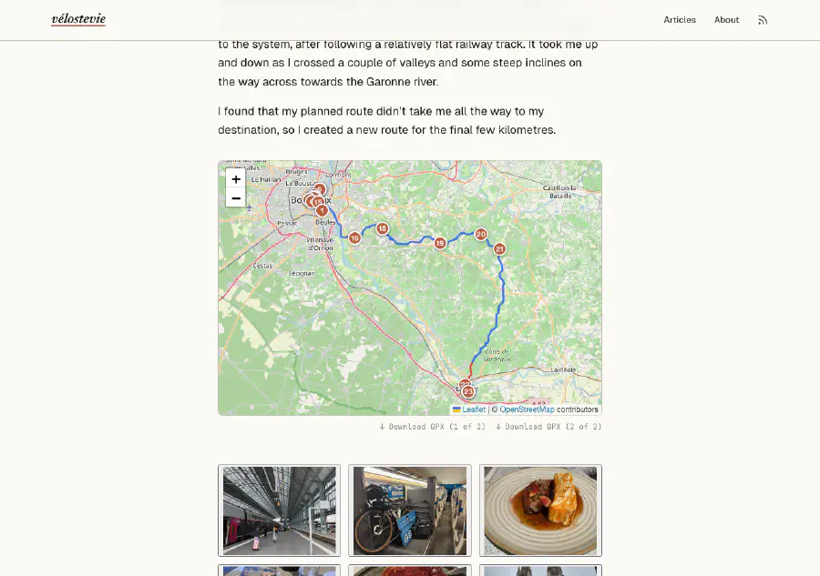 The finished map — blue GPX polyline with numbered photo markers on OpenStreetMap tiles